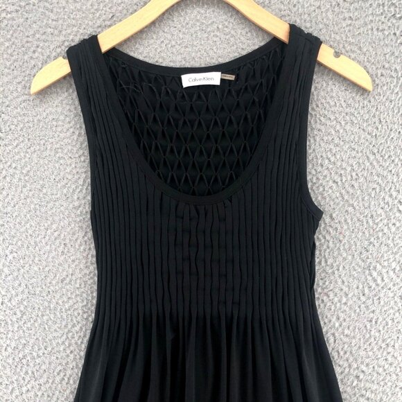Calvin Klein Dress Womens Small Black Fit & Flare Tank Smocked Travel Knit Mini - Picture 2 of 11